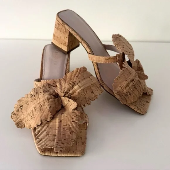 Cecelia New York Tan Cork Mules with Floral Detail - Picture 2 of 6